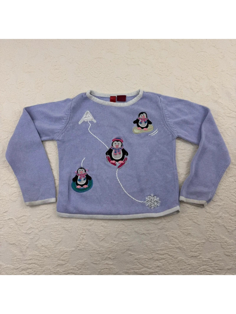 Girls M Y2K Style Purple Penguin Sweater Sledding Snow Winter Ski